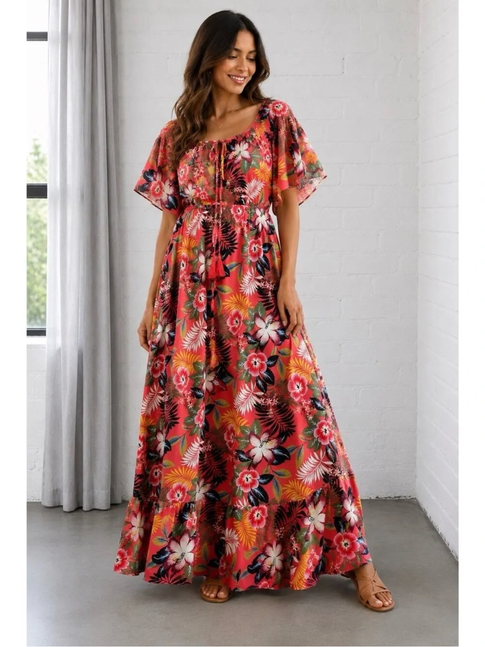 Anthropologie Label of Love Tropical Floral Tassel Tie Boho Maxi Dress Medium